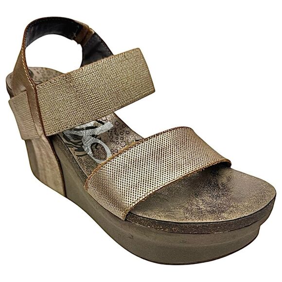 OTBT Bushnell Women’s Gold Pewter Leather Wedge Sandal Size 7 M Used Very Nice - Picture 2 of 8